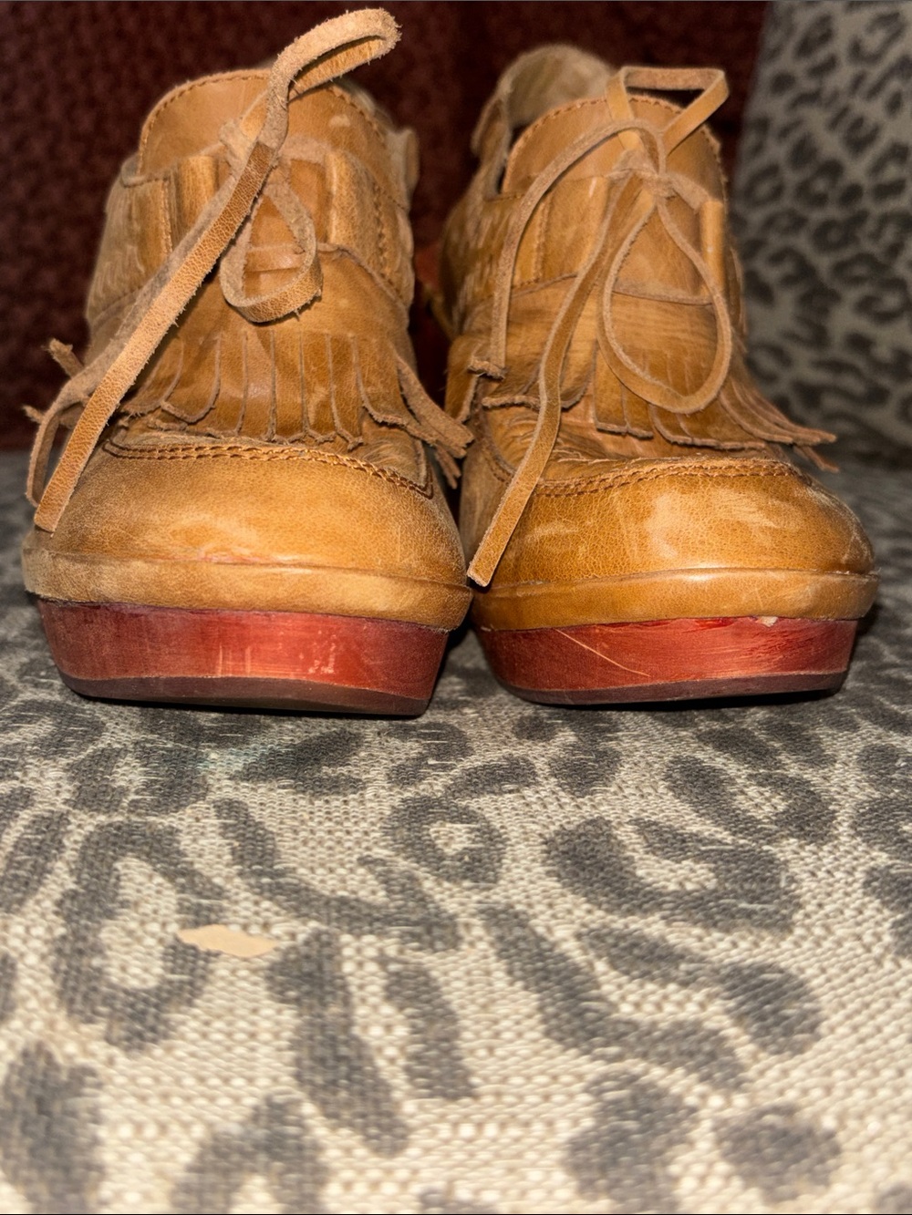 Latigo tan leather lace platform mule western fringe round toe wood heel size 7 - Picture 6 of 14